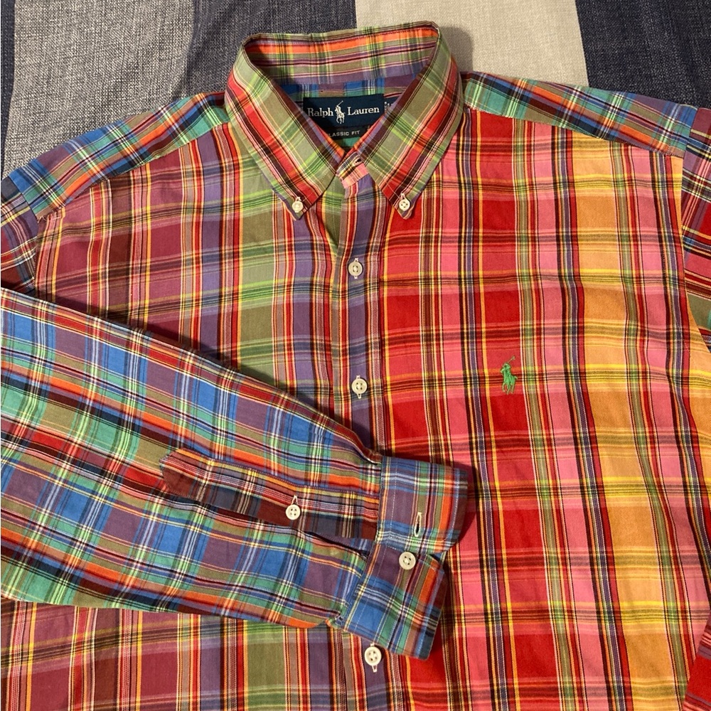Vtg Polo RL Mens Plaid L/S Button Up Shirt Sz L Colorful